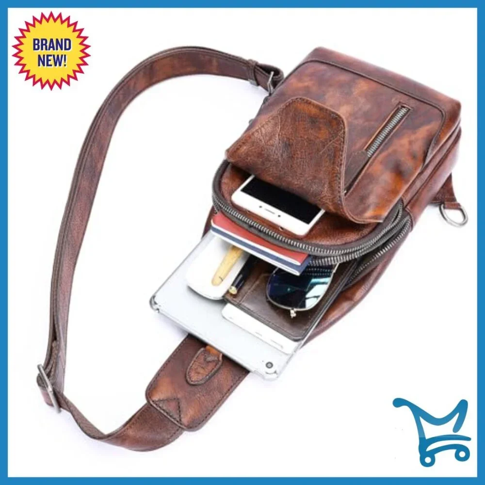 Genuine Leather Crossbody Sling Bag with Adjustable Strap, 8 Pockets